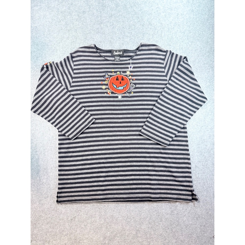 Ambra Womens XL Halloween Pumpkin Striped Long Sleeve Shirt Grey Black Sequin